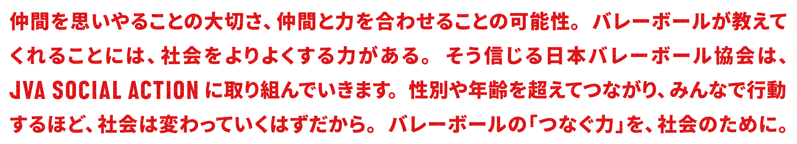 仲間を思いやることの大切さ、仲間と力を合わせることの可能性。バレーボールが教えてくれることには、社会をよりよくする力がある。そう信じる日本バレーボール協会は、JVA SOCIAL ACTIONに取り組んでいきます。性別や年齢を超えてつながり、みんなで行動するほど、社会は変わっていくはずだから。バレーボールの「つなぐ力」を、社会のために。